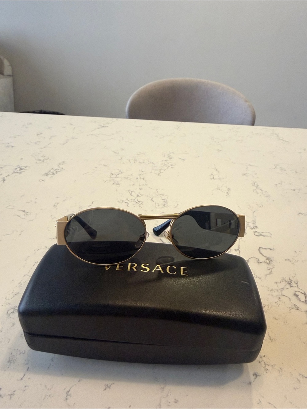 Versace Gold Frame Dark Gray Oval Sunglasses